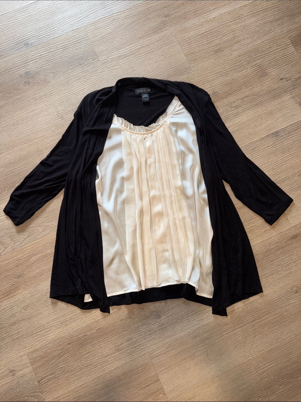 AUGUST SILK 2 in 1 Open-Front Cardigan Tunic Top with Silky Cream Pleated Front